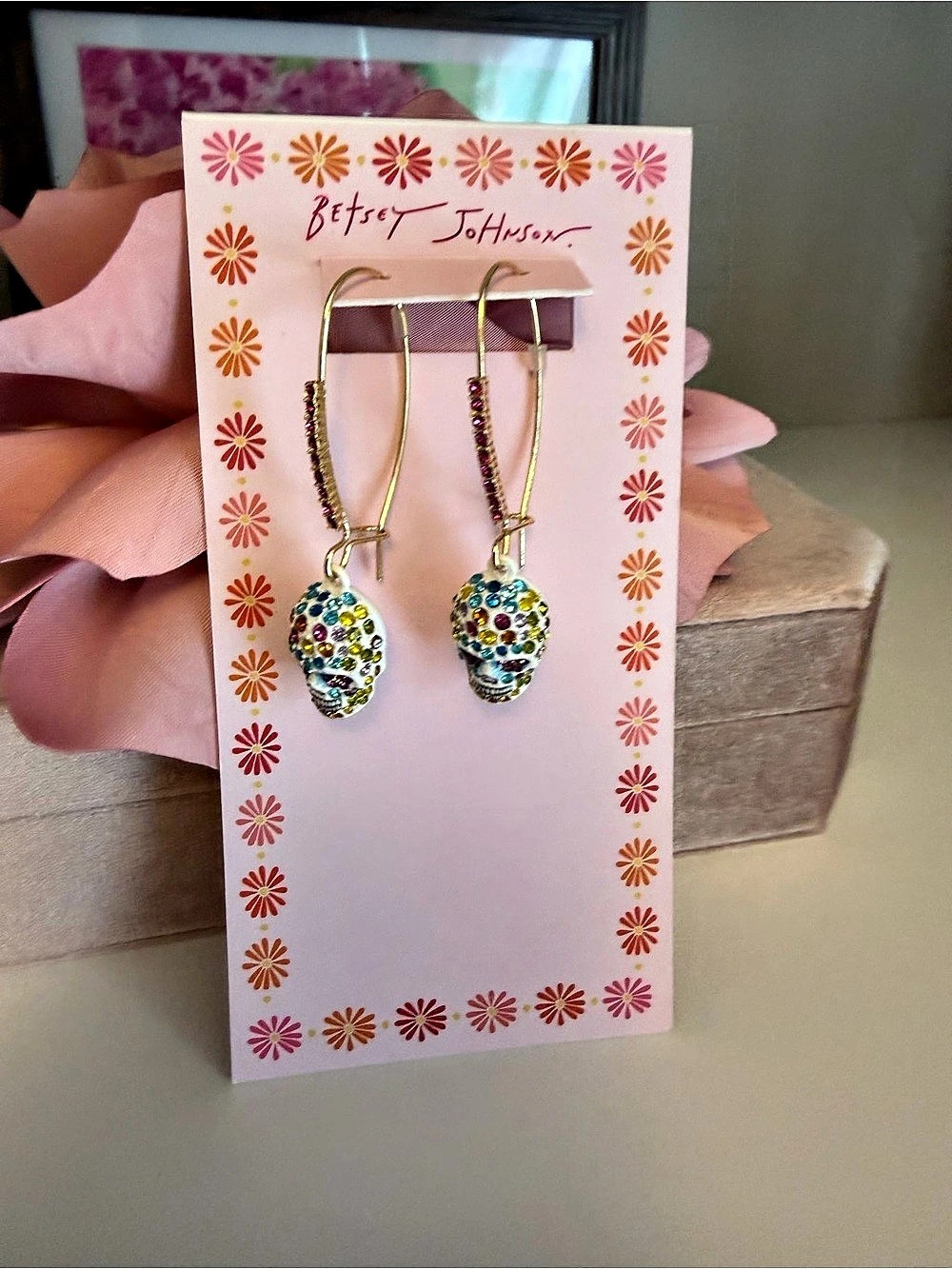 Betsey Johnson NWT Sugar Skull Drop Earring Earrings Gold & Multicolor